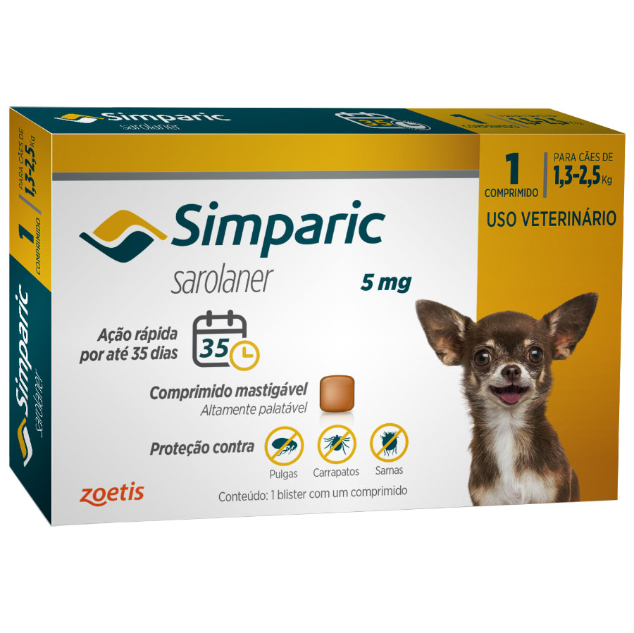 Imagem de Antipulgas Zoetis Simparic 5mg para cães de 1,3 a 2,5Kg